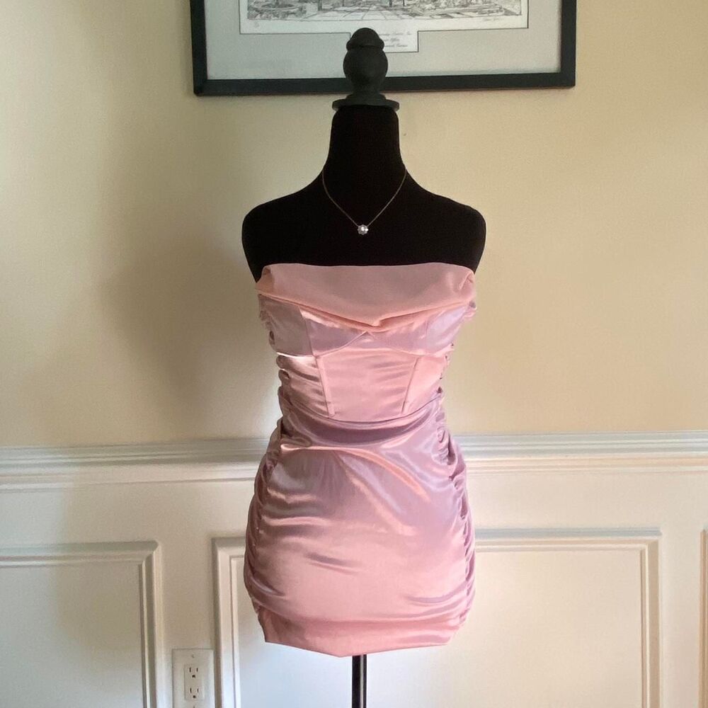 Pink Satin Strapless Mini Dress Bodycon Ruched Party Y2K